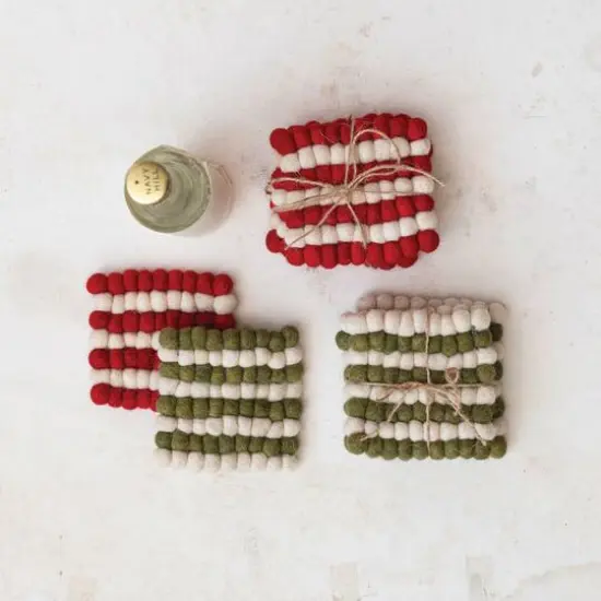 Hello Honey&reg; 4" Cream & Red Handmade Wool Felt Ball Coasters, 4ct. {3}