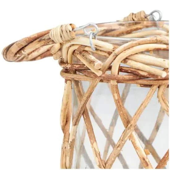 9" Clear Glass Handmade Candle Lantern with Brown Rattan Woven Exterior & Twisted Handle {4}