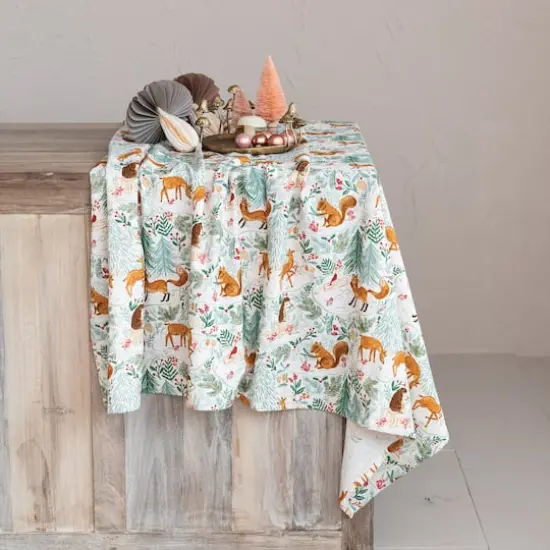 Hello Honey&reg; 84" Multicolor Cotton Printed Tablecloth with Woodland Flora & Fauna Pattern {4}