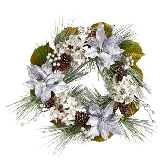24" Silver Poinsettia, Hydrangea & Pinecones Artificial Christmas Wreath {1}