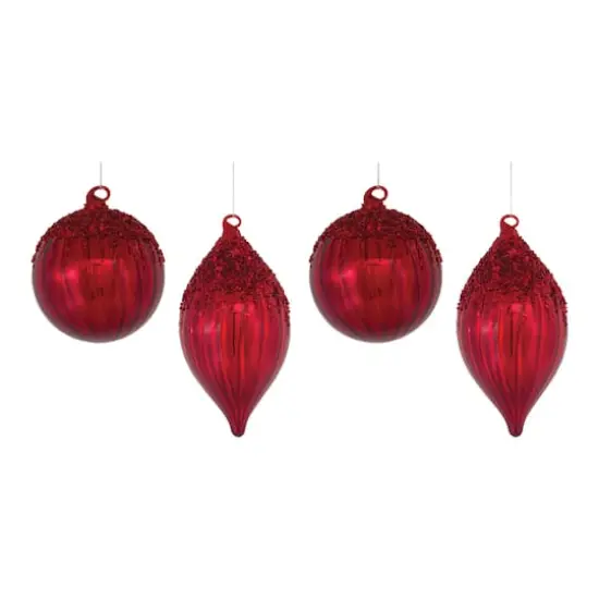 Sequined Red Glass Ball & Teardrop Ornament Set {1}