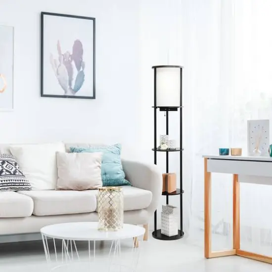 Simple Designs&trade; 62.5" Round Floor Lamp with 2 USB Ports and 1 Outlet Black {6}