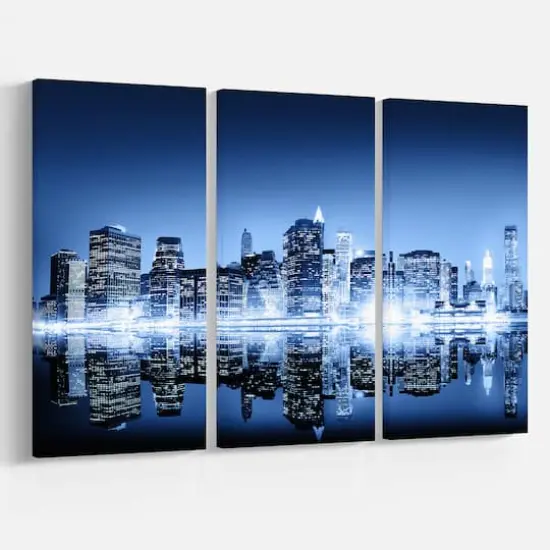 Designart - Night New York City Mirrored - Cityscape Canvas Art Print {1}