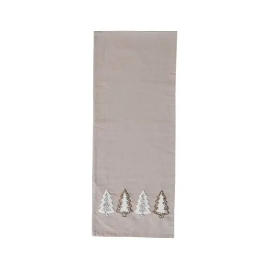 Hello Honey® 72" Natural Brown, Silver & Gold Cotton Chambray Table Runner with Embroidered Tufted Trees & Glass Beads {1}
