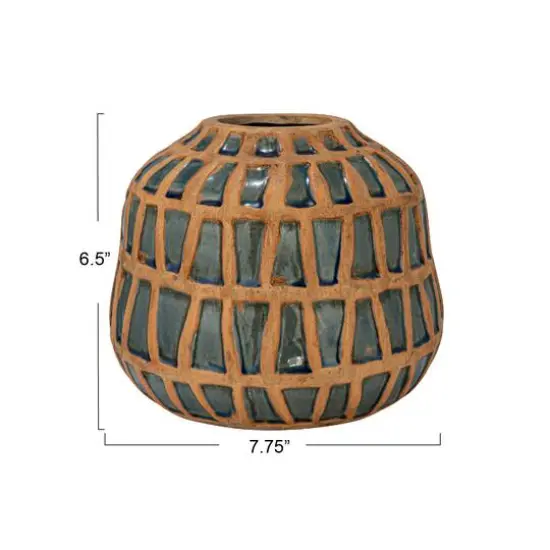 Hello Honey&reg; 7.75" Natural & Blue Debossed Terra Cotta Vase {6}