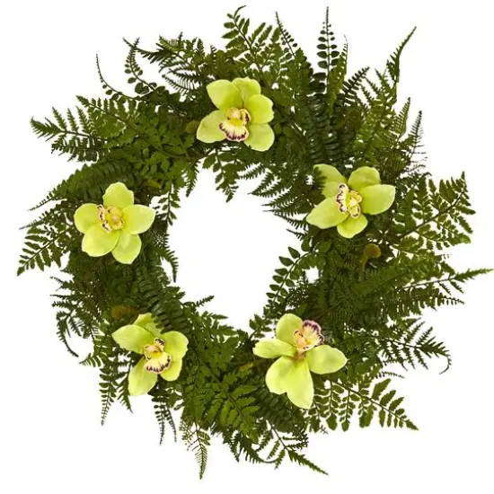 24" Mixed Fern & Cymbidium Orchid Wreath {1}