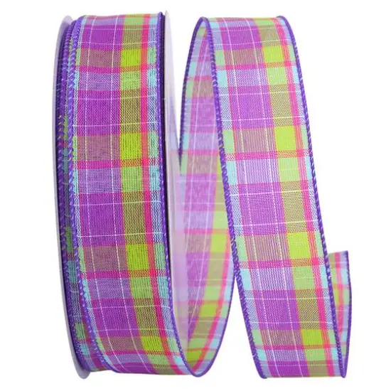 Reliant 1.5" x 50yd. Wired Bright Purple Plaid Ribbon {1}