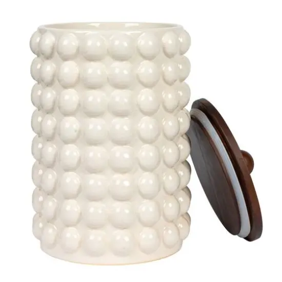 Hello Honey&reg; White Raised Dots Stoneware Canister with Acacia Wood Lid {8}