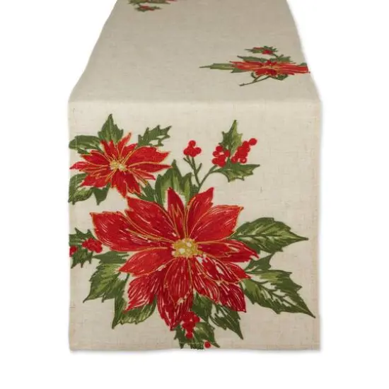 DII&reg; 70" Cream Poinsettia Holly Embroidered Table Runner {1}