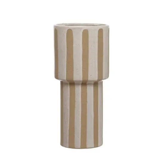 Hello Honey® 11" Cream & Brown Wax Relief Striped Round Stoneware Vase {3}