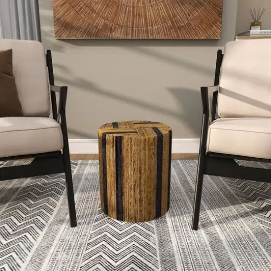 Brown Banana Leaf Handmade Linear Wrapped Accent Table with Navy Stripes {14}