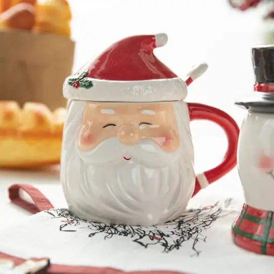 Glitzhome&reg; Christmas Ceramic Santa & Snowman Mug with Lid & Spoon Set {5}