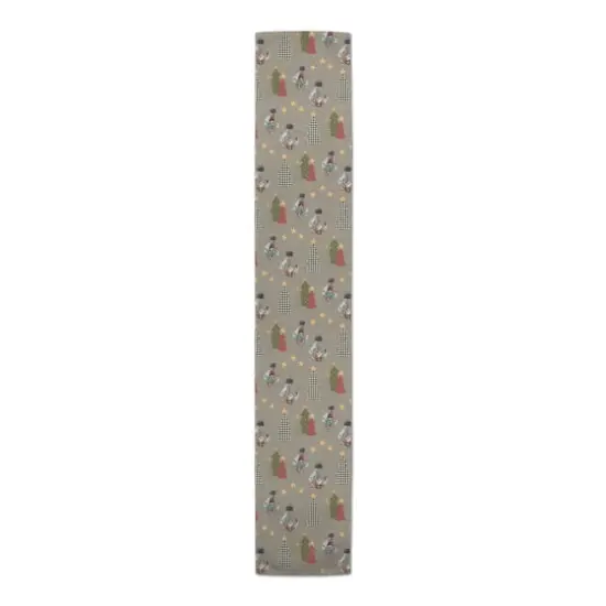 90" Gray Tree & Globe Pattern Cotton Twill Runner {4}