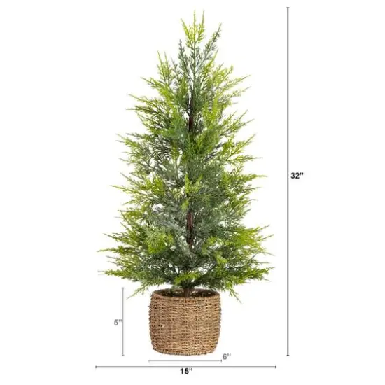 32in. Pre-Lit Artificial Lightly Snowed Cypress Christmas Tree with 30 Warm White LED Lights in Decorative Weaved Basket {3}