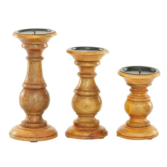 Mango Wood Traditional Candle Holder Set Brown {4}