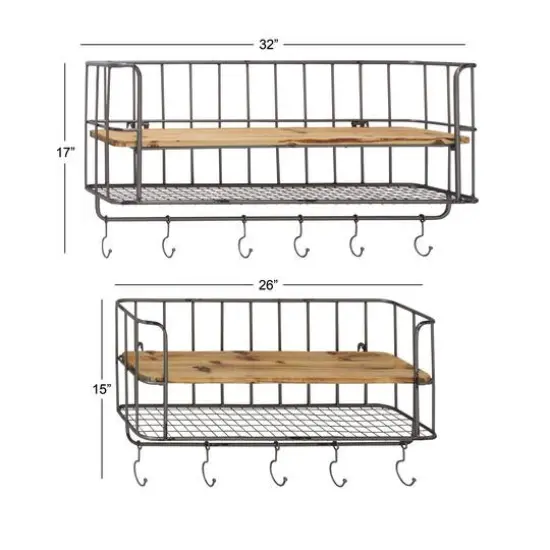 Set of 2 Silver Metal Basket & Wooden Wall Shelf Units With Hooks {8}