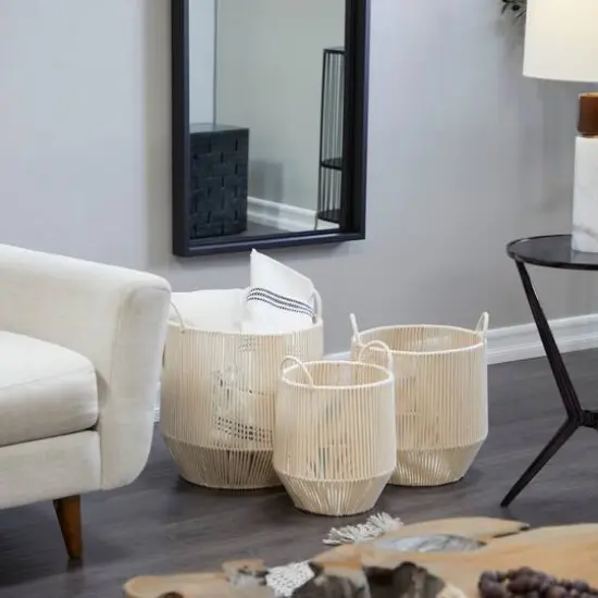 Cream Cotton Handmade Storage Basket with Handles Set of 3 18", 16", 15" {7}