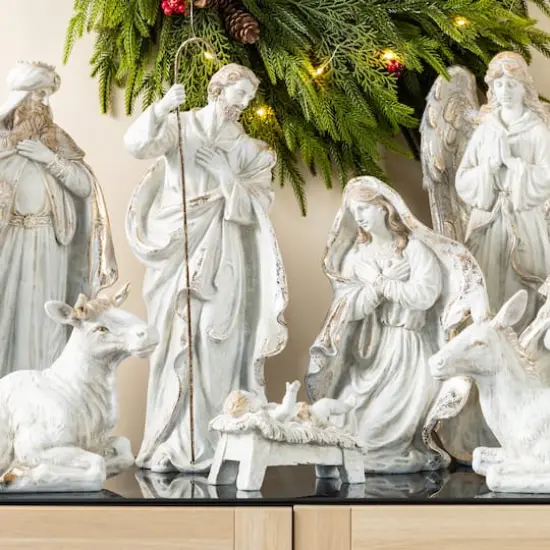 Glitzhome&reg; 10-Piece Ivory & Gold Resin Nativity Figurine Set {6}
