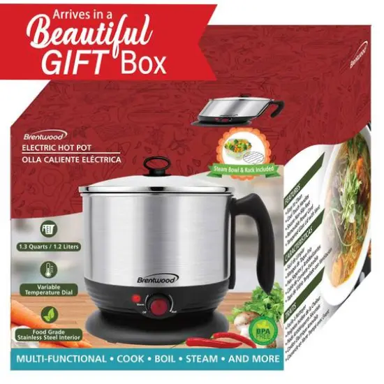 Brentwood Black 1.3qt. 600 Watt Stainless Steel Cordless Electric Hot Pot Cooker & Food Steamer With Swivel Base {10}