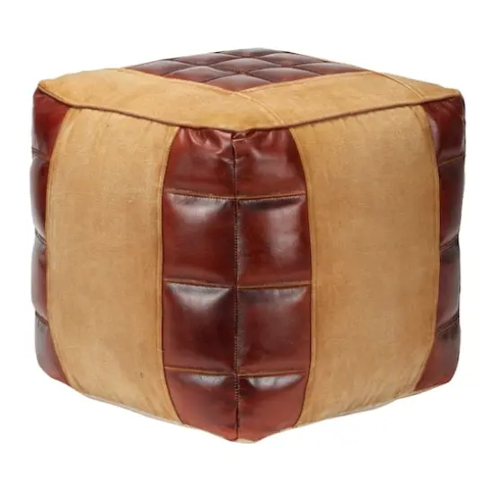 Brown Canvas and Leather Rustic Pouf, 17" x 20" x 20" {4}