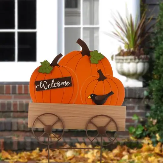 26" GlitzHome&reg; Wooden Pumpkin Cart Yard Stake {3}