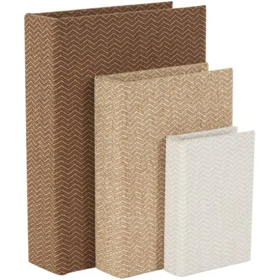 Brown & Cream Linen Fabric Chevron Patterned Decorative Book Storage Box, 3ct. {1}