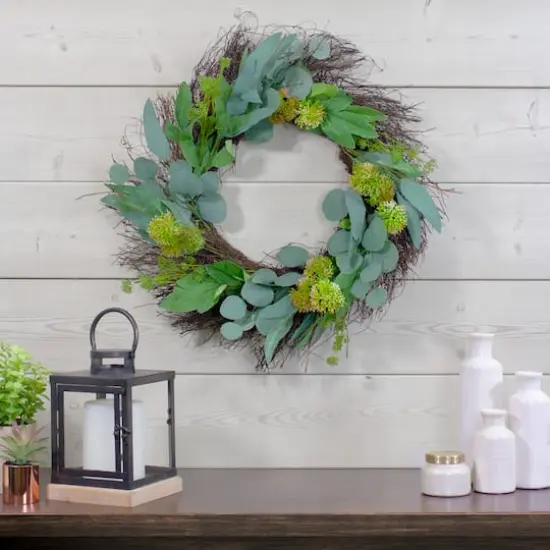 23" Green & White Olive Leaf & Floral Twig Spring Wreath {3}