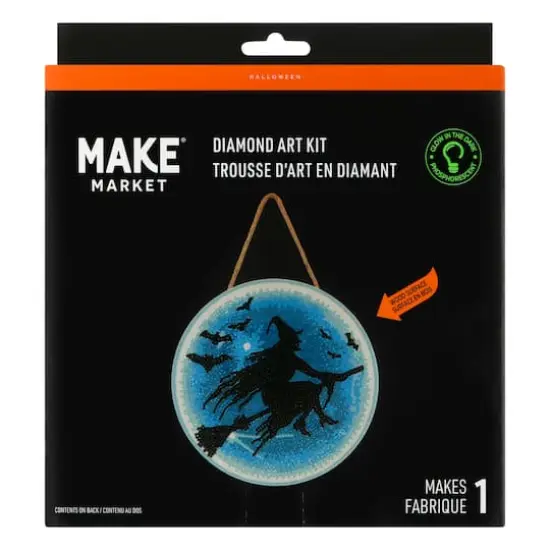 8" Glow-in-the-Dark Witch on Broom Stick Round Wood Plaque Diamond Art Kit by Make Market&reg; {1}