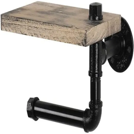 Rustic Brown Industrial Wall-Mounted Toilet Paper Holder with Wood Shelf {1}