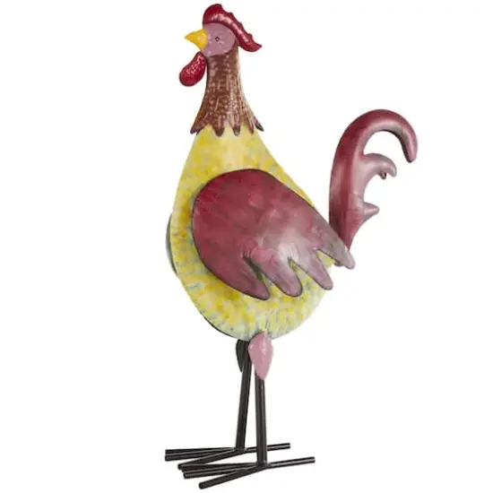 27.75" Red, Yellow & Black Textured Metal Rooster Garden Sculpture {1}