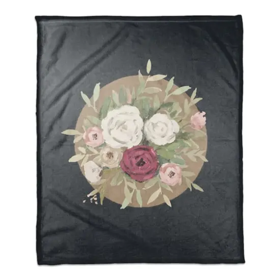 50" x 60" Florals on Navy Coral Fleece Blanket {1}
