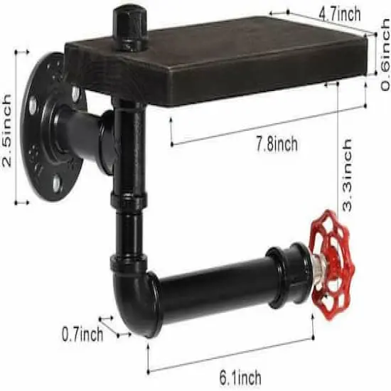 Black Industrial Metal Wall Mounted Toilet Paper Holder with Wood Shelf {3}