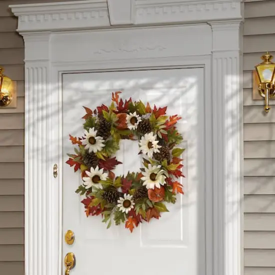 32" White Harvest Sunflowers & Pumpkins Wreath {3}