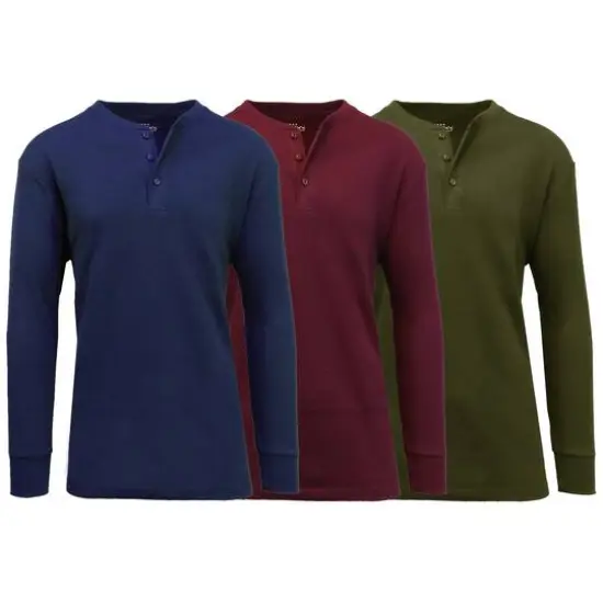 Men's Long Sleeve Waffle-Knit Thermal Henley Shirt 3 Pack Navy/Olive/Burgundy {1}