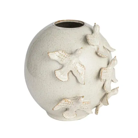 Hello Honey&reg; 10.25" Cream with Reactive Glaze Birds Stoneware Vase {1}