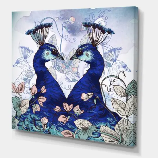 Designart - Two Blue Peacocks With Wildflowers - Traditional Canvas Wall Art Print {1}