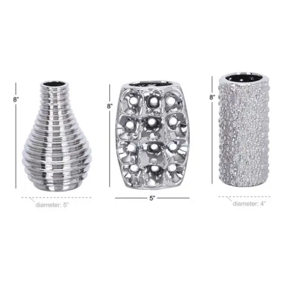 Set of 3 Silver Ceramic Glam Vase, 8" x 5" {12}