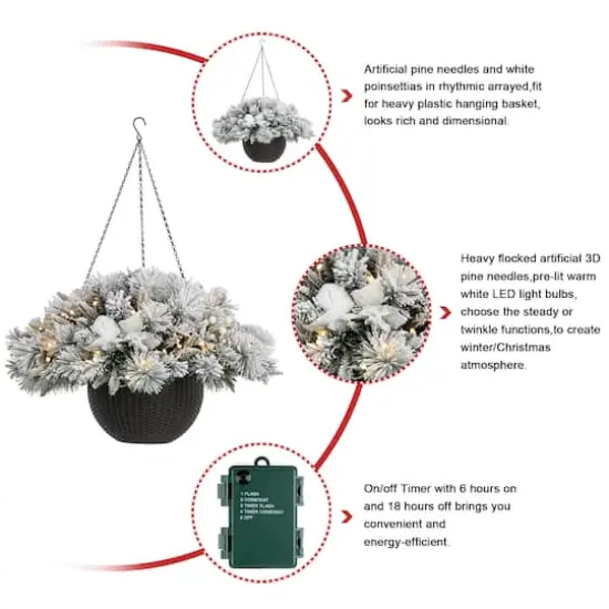 Glitzhome&reg; 24" Pre-Lit Snow Flocked Christmas Artificial Pine Poinsettia Hanging Basket, White Lights {8}