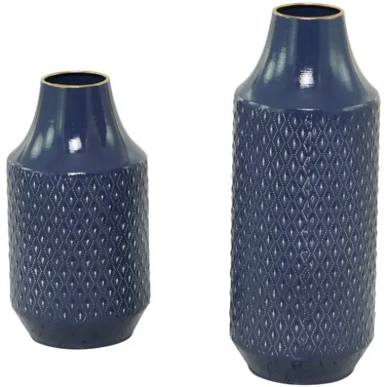 Blue Metal Diamond Embossed Exterior Vase Set of 2 16", 12" {3}
