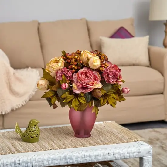 16" Peony Arrangement in Rose Colored Vase {3}