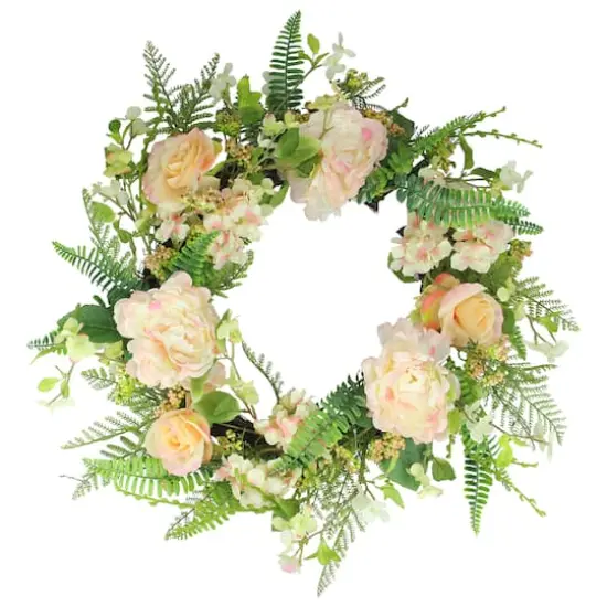 24" Pink & Green Rose & Peony Floral Artificial Spring Wreath {1}