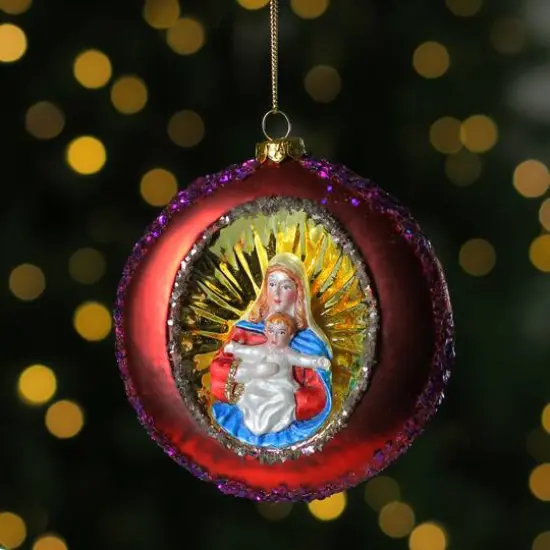 4" Mary and Jesus Sequin Religious Glass Disc Christmas Ornament {6}