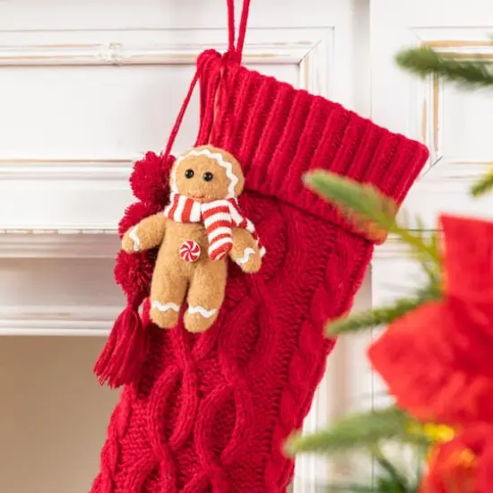 Glitzhome® 22"L Red Knitted Christmas Stocking with Gingerbread Man Ornament {4}
