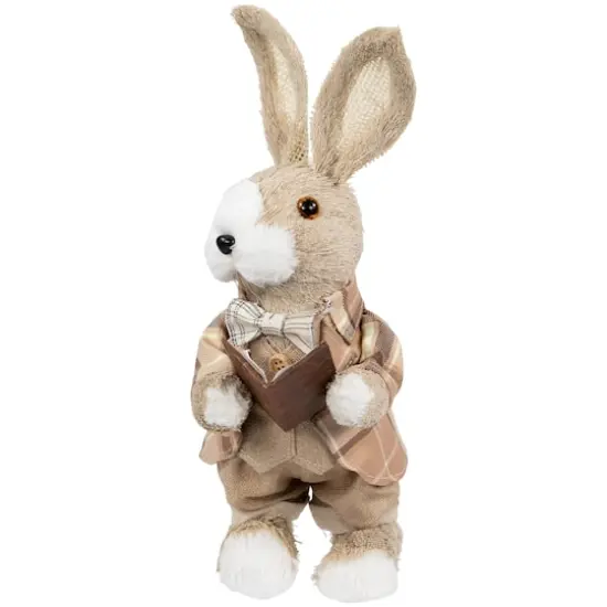 12" Beige Boy Easter Rabbit Figurine with Plaid Jacket {7}