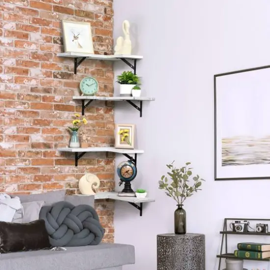 White Rustic Floating Corner Storage Shelf Set {6}