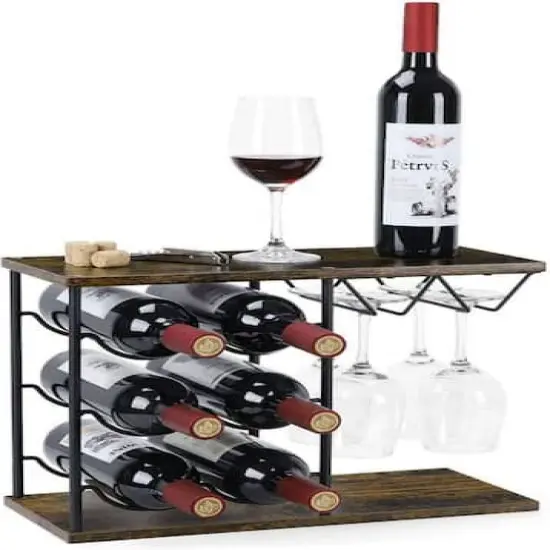 NEX™ 16.5" Dark Brown Countertop Wine Bottle & Glass Rack {1}