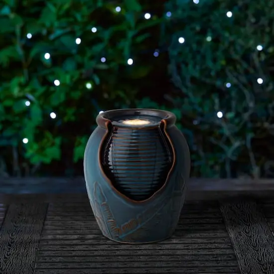 Glitzhome&reg; 9.25" LED Turquoise Leaf Textured Ceramic Jar Tabletop Fountain {5}