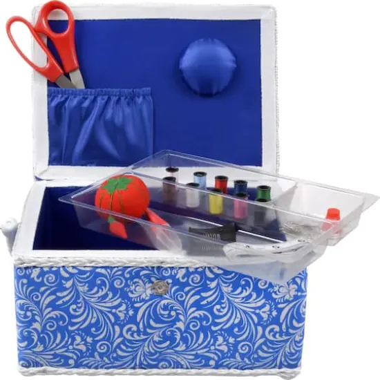 SINGER&reg; Large Blue Deliah Scroll Print Sewing Basket with Sewing Scissors & Notions {3}