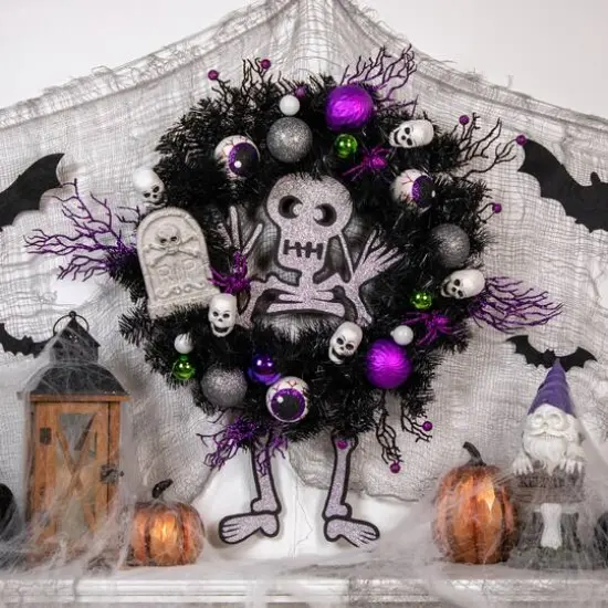 24'' Unlit Purple and Black Spooky Skeleton Pine Halloween Wreath {3}