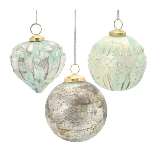 Blue Green Distressed Mercury Glass Ornament Set {1}